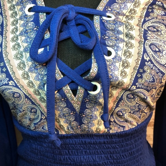 Blue Long Sleeve Blouse with Tie Front Ruffles and Smocked Waist - Picture 4 of 11